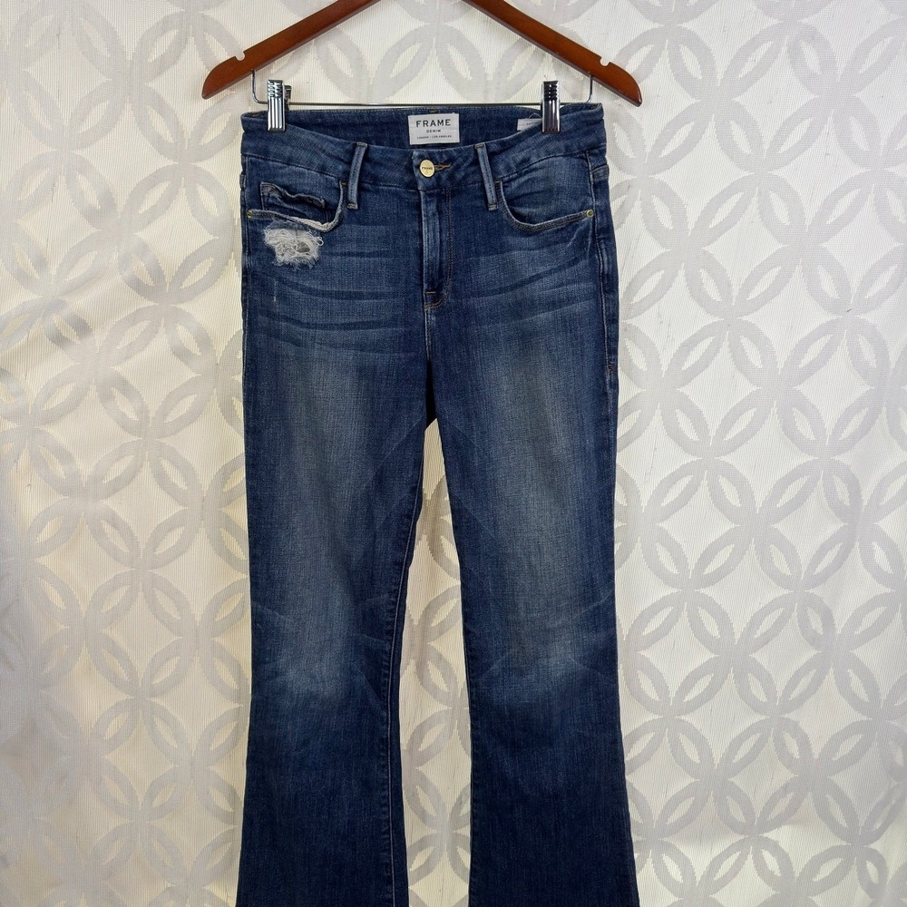 FRAME Denim Le Crop Mini Boot Roberts Jeans Dark Wash Distressed Raw Hem 26 - Picture 9 of 10